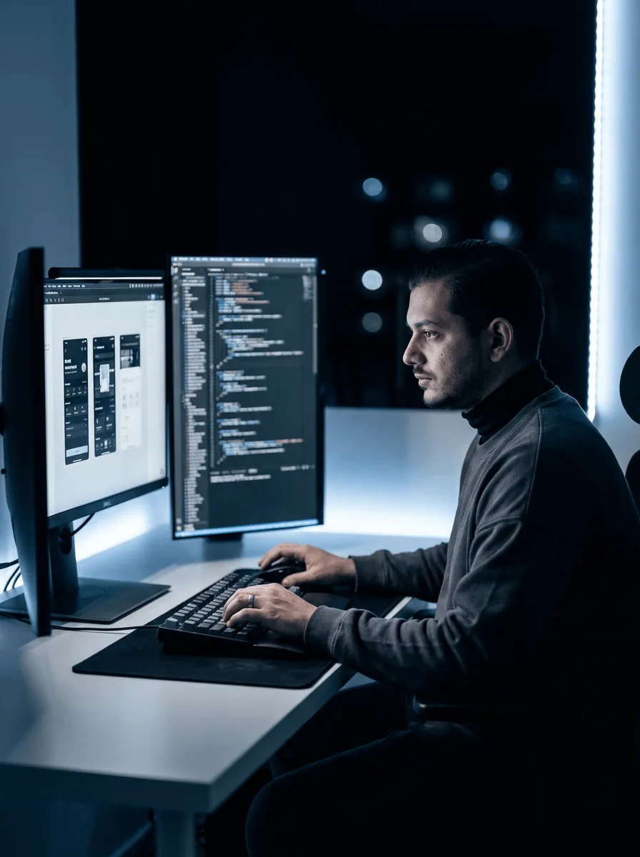 Sina Ghodsi at his desk, working on a design and its code side by side